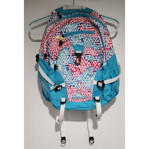 High Sierra Hiking Backpack Suspension System Teal Pink White Geometric Pattern - Picture 3 of 16